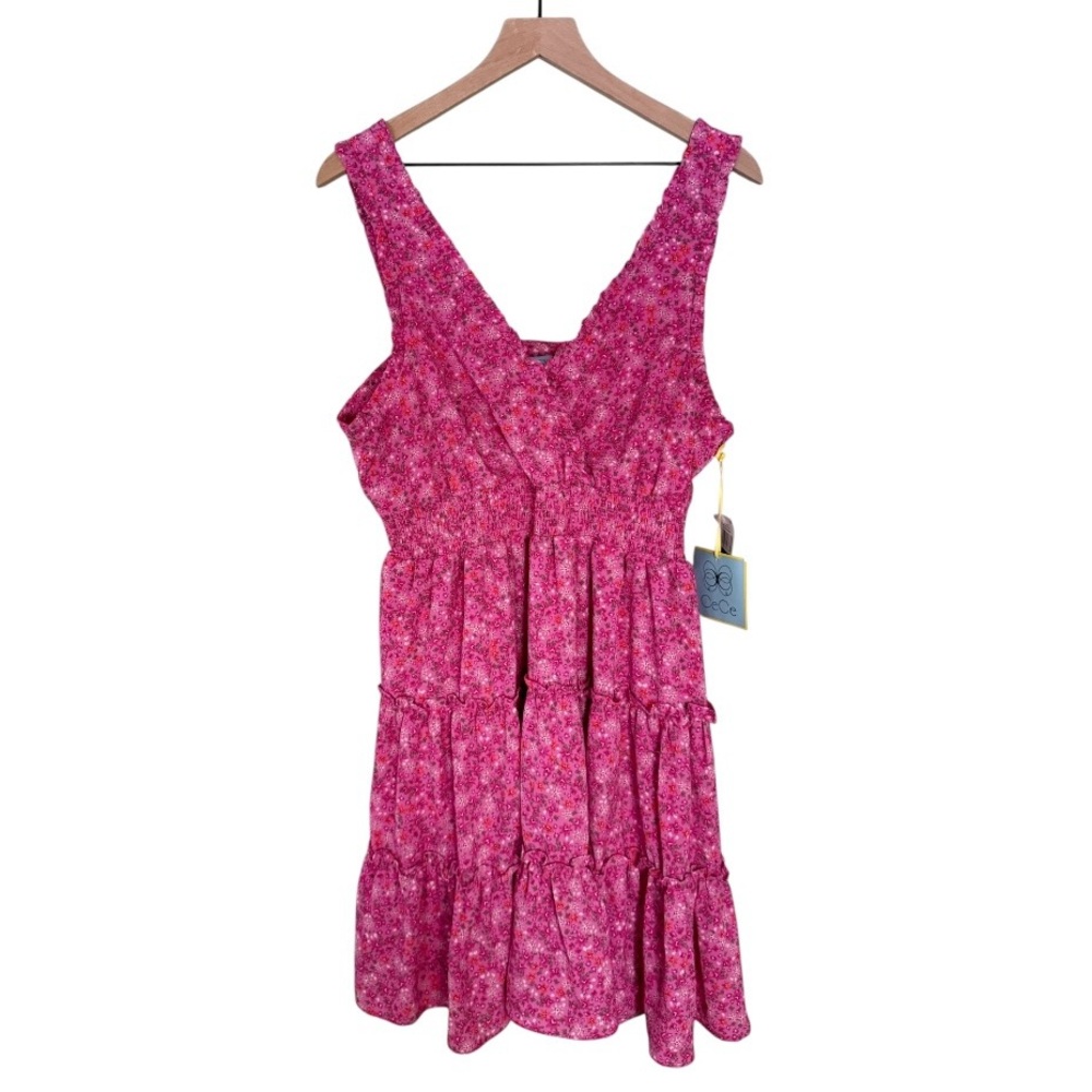 NWT CeCe Floral Sleeveless Tiered Ruffle Knee Length Dress Pink Orange Size XL